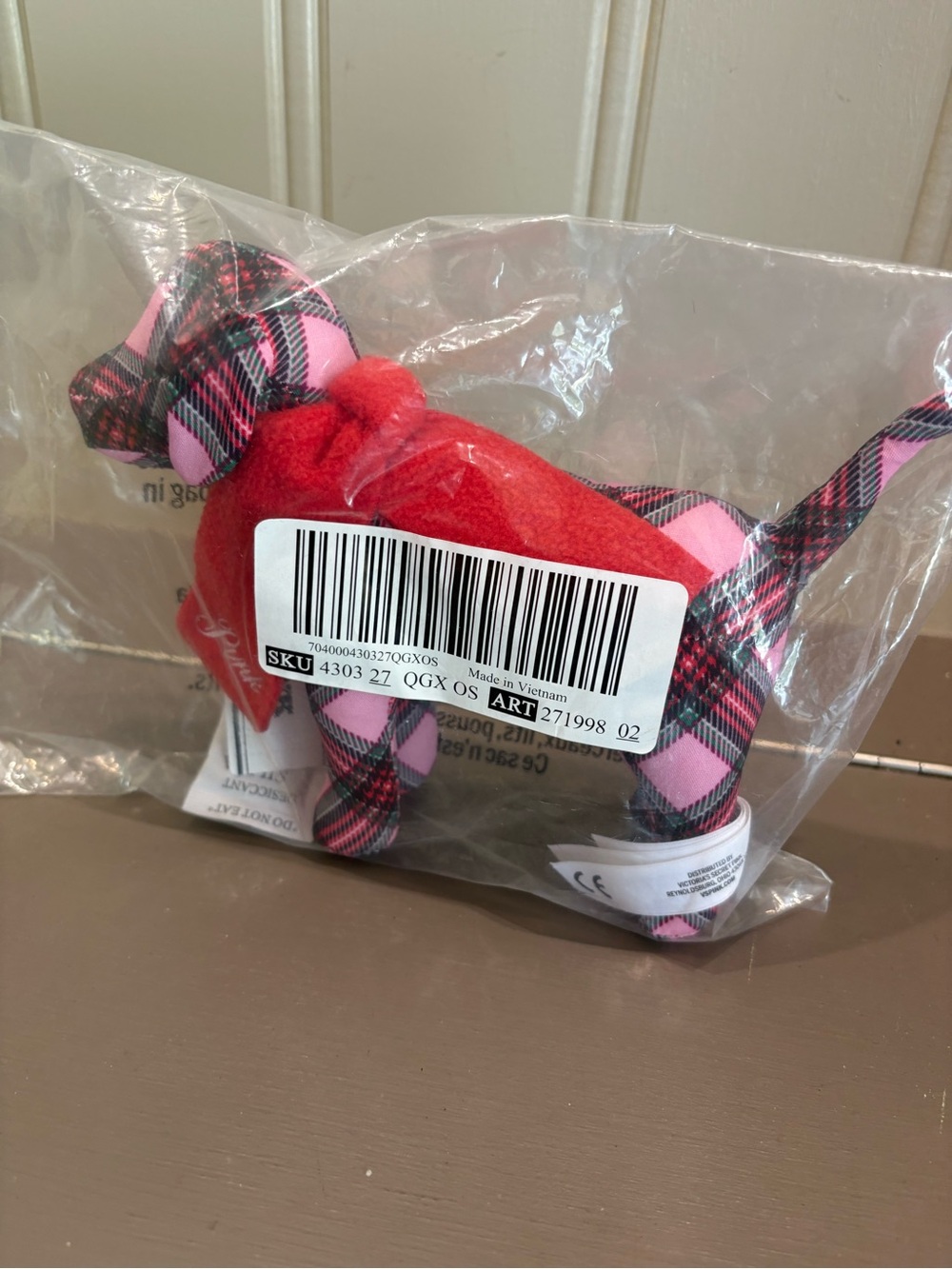 PINK Victoria's Secret Plaid Pink & Red Plush Dog Charm